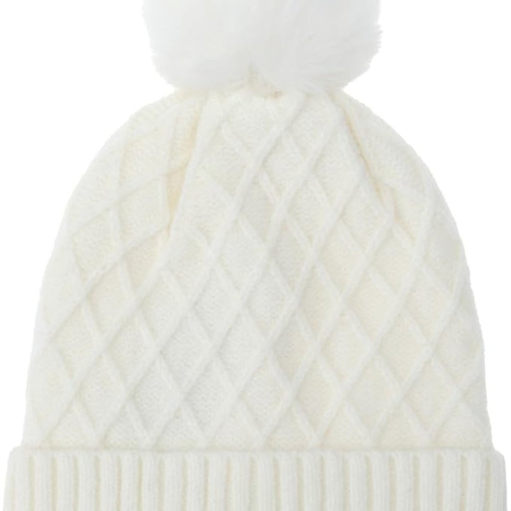 BYOS, Women's Cream Cable Knit Hat w/ Faux Fur Pom Pom/ Fleece Lining/ Warm!